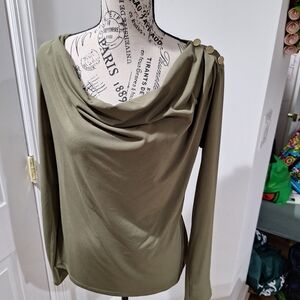 Michael Kors Olive Green Drape Neck Long Sleeve Top